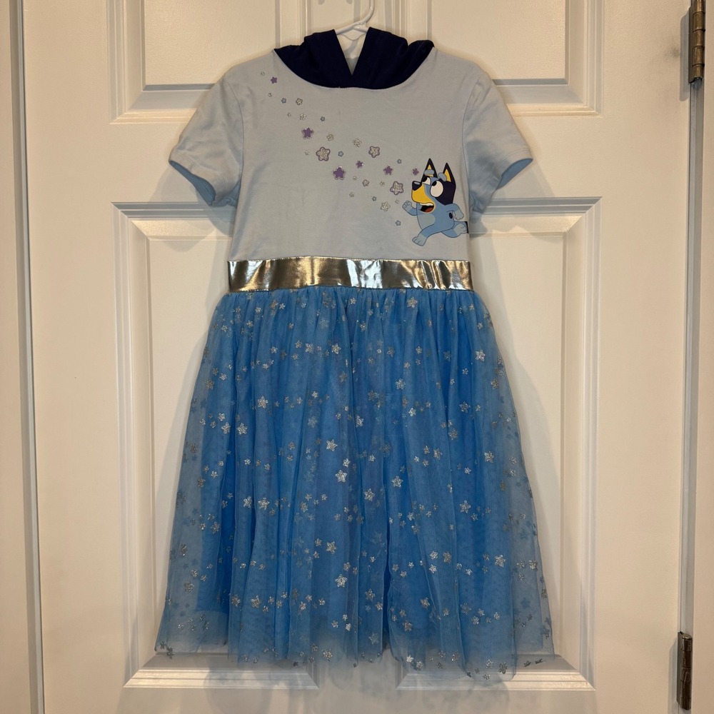 Kids Bluey Star Tulle Hooded Dress Blue‎ Sparkle Glitter Girls Size 8